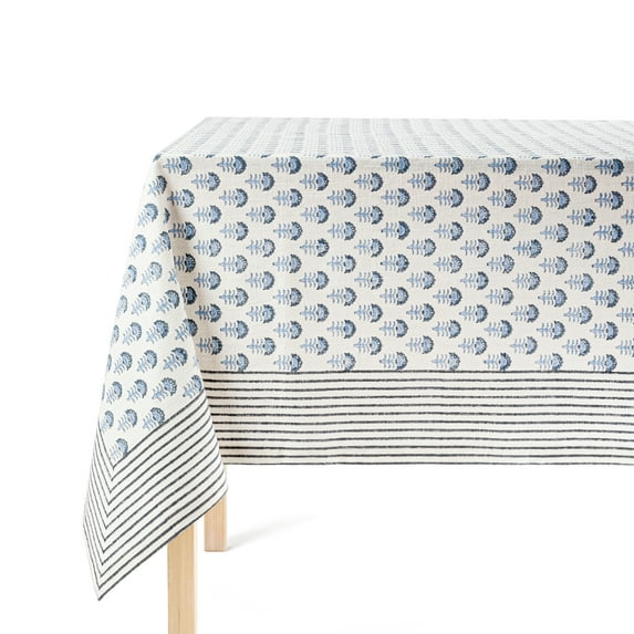 over&back Hand-Screened Tablecloth - Dining Table Cover - Each Tablecloth is Unique - 100% Cotton - Machine Washable - Kitchen and Home Decor - Blue Flower - 70x90