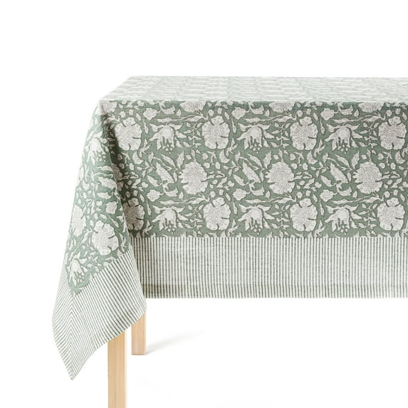 over&back Hand-Screened Tablecloth - Dining Table Cover - Each Tablecloth is Unique - 100% Cotton - Machine Washable - Kitchen and Home Decor - Green Floral - 70x90