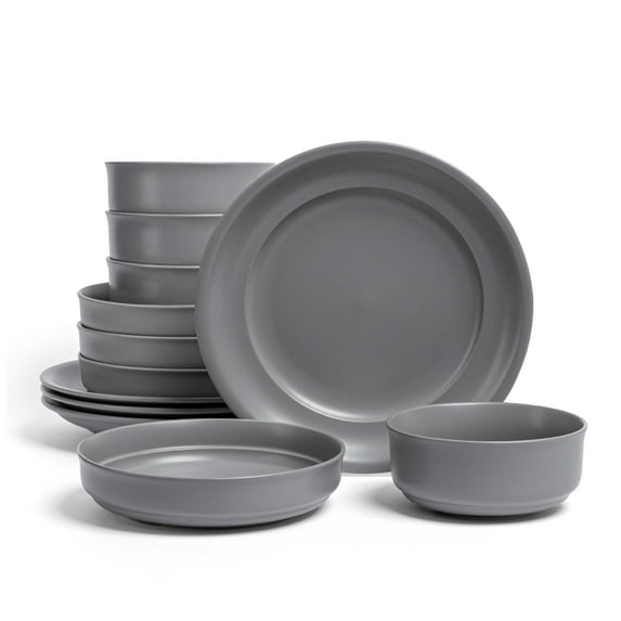 over&back Rim Dinnerware Set - Stoneware Dishes - Comes with 4 Dinner Plates, 4 Cereal Bowls, and 4 Dinner Bowls - 12-Piece All-Occasion Place Settings - Serves Four - Semi-Matte Charcoal