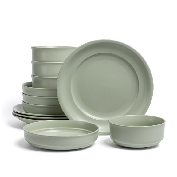 over&back Rim Dinnerware Set - Stoneware Dishes - Comes with 4 Dinner Plates, 4 Cereal Bowls, and 4 Dinner Bowls - 12-Piece All-Occasion Place Settings - Serves Four - Semi-Matte Sage