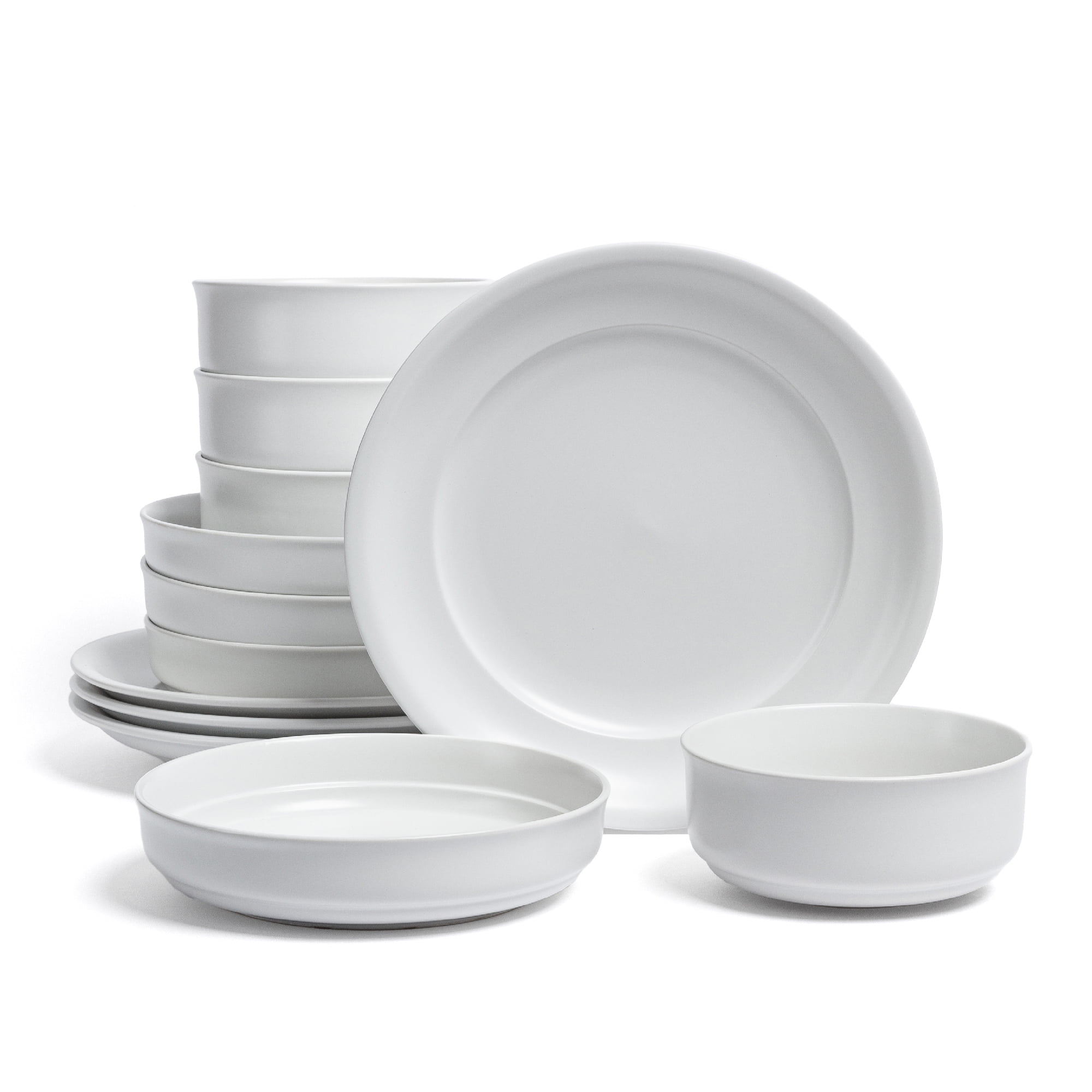 over&back Rim Dinnerware Set - Stoneware Dishes - Comes with 4 Dinner Plates, 4 Cereal Bowls, and 4 Dinner Bowls - 12-Piece All-Occasion Place Settings - Serves Four - Semi-Matte White
