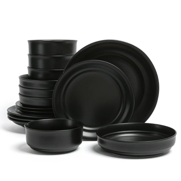 over&back Rim Dinnerware Set - Stoneware Dishes - Comes with 4 Dinner Plates, Salad Plates, Cereal Bowls, and Dinner Bowls - 16-Piece All-Occasion Place Settings - Serves Four - Semi-Matte Black