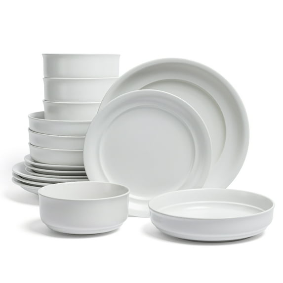 over&back Rim Dinnerware Set - Stoneware Dishes - Comes with 4 Dinner Plates, Salad Plates, Cereal Bowls, and Dinner Bowls - 16-Piece All-Occasion Place Settings - Serves Four - Semi-Matte White