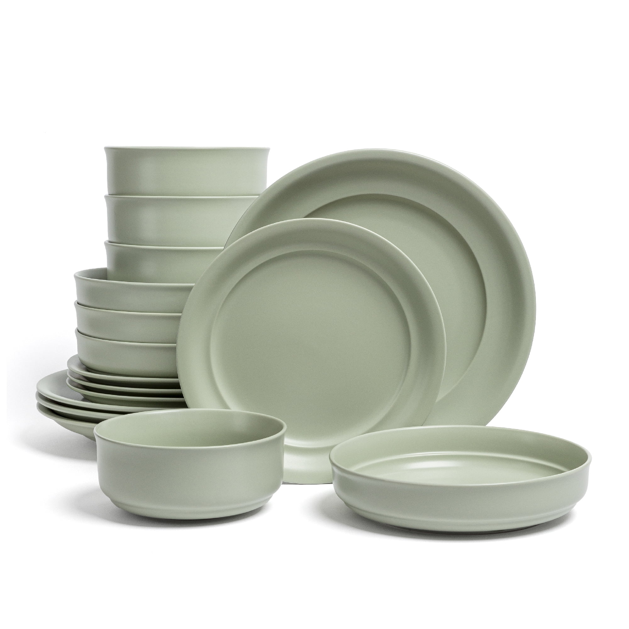 over&back Rim Dinnerware Set - Stoneware Dishes - Comes with 4 Dinner Plates, Salad Plates, Cereal Bowls, and Dinner Bowls - 16-Piece All-Occasion Place Settings - Serves Four - Semi-Matte Sage - Walmart.com