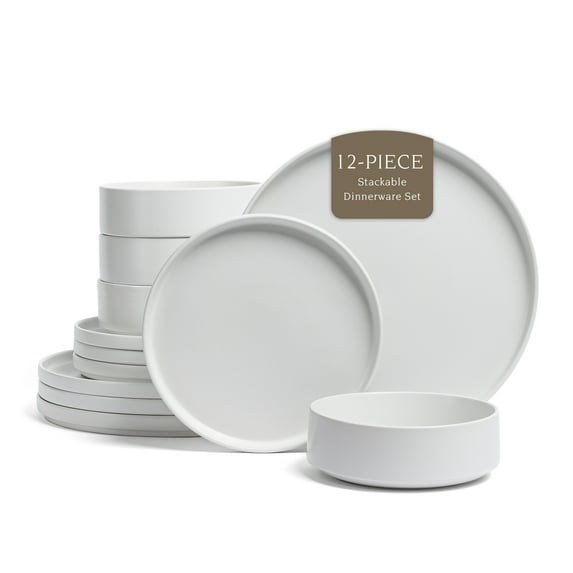 over&back 12-Piece Stackable Dinnerware Dish Set - Stoneware Dishes - Includes 4 Dinner Plates, 4 Salad Plates, 4 Cereal Bowls, and 4 Dinner Bowls - All-Occasion Place Settings - Semi-Matte White