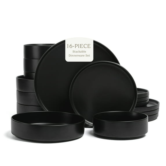 over&back Stackable Dinnerware Set, Dishwasher & Microwave safe, plates and Bowls Sets, 16-Pieces, Semi-Matte, Black