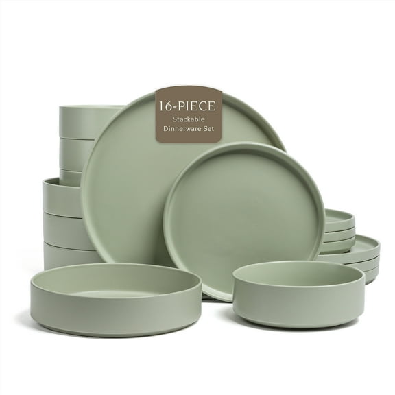 over&back 16-Piece Stackable Dinnerware Dish Set - Stoneware Dishes - Includes 4 Dinner Plates, 4 Salad Plates, 4 Cereal Bowls, and 4 Dinner Bowls - All-Occasion Place Settings - Semi-Matte Sage
