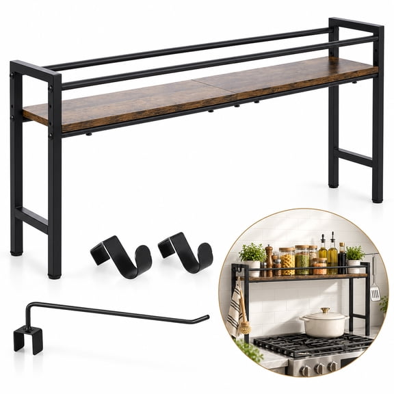 Over the Stove Shelf, 3 Level Adjustable Height Stove Shelf, 32 in|Thickened Metal, Multi-Purpose, with 3 Hooks, Non-Slip Feet, Easy to Assemble, for Storage Seasoning