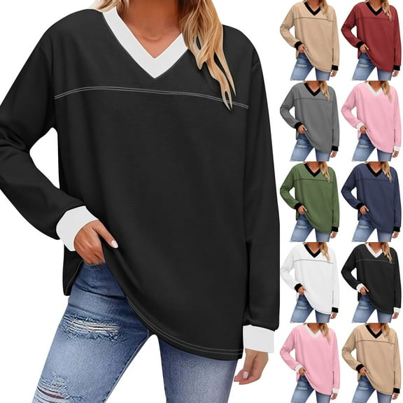 overalls for Women Fashion Color Matching Long SleeveTops Casual V Neck T Shirts Blouses Casual Soft Basic Tee Tops Fall Outfit Clothes