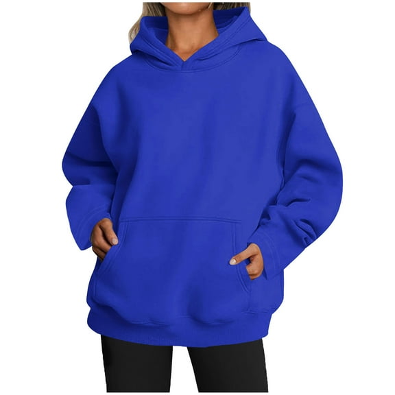 oversized hoodies for women Casual Long Sleeve Baggy Pullover Sweatshirt Fall Basic Drop Shoulder Outfits Kangaroo Pocket Blue S