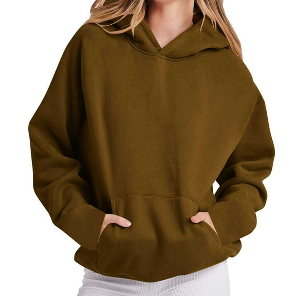oversized hoodies for women Casual Long Sleeve Baggy Pullover Sweatshirt Fall Basic Drop Shoulder Outfits Kangaroo Pocket Brown M