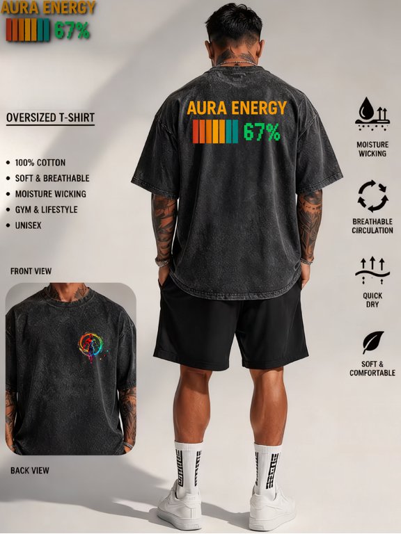 oversized streetwear style 230g washed t shirt aura energy 67 graphic print 100 percent soft breathable fabric men gym lifestyle casual wear unisex fit single piece