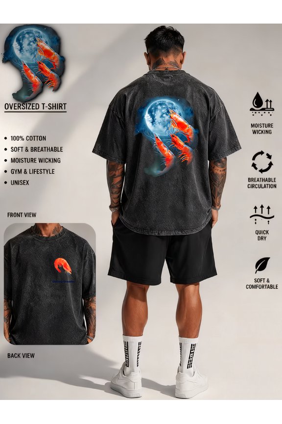oversized streetwear vintage acid wash graphic tee 230g washed t shirt unique moon and shrimp art print design back logo 100 percent soft breathable moisture wicking f