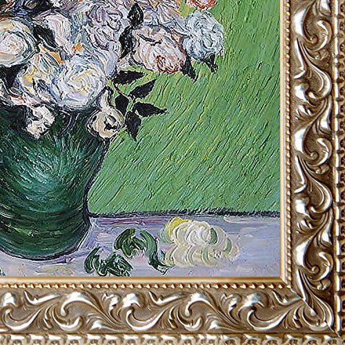 overstockArt Vase with Roses Artwork by Van Gogh in Rococo Silver in Antiqued Silver Frame with Gold Bead Inset