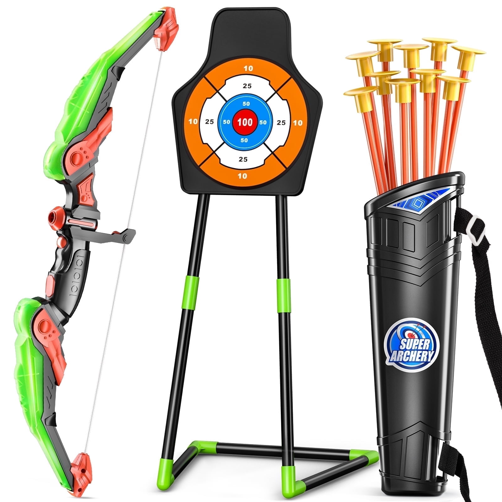 ConeWhale Bow and Arrow Set for Kids with LED Lights, 10 Arrows Archery Quiver with Standing Target, Outdoor Toys for Kids Boys & Girls Ages 3-12 Years Old
