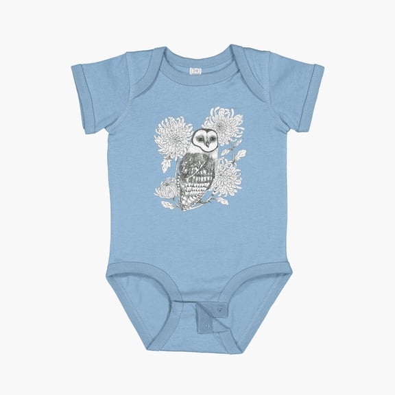owl and chrysanthemums on teal blue background Short Sleeve Baby One-Piece - 1212