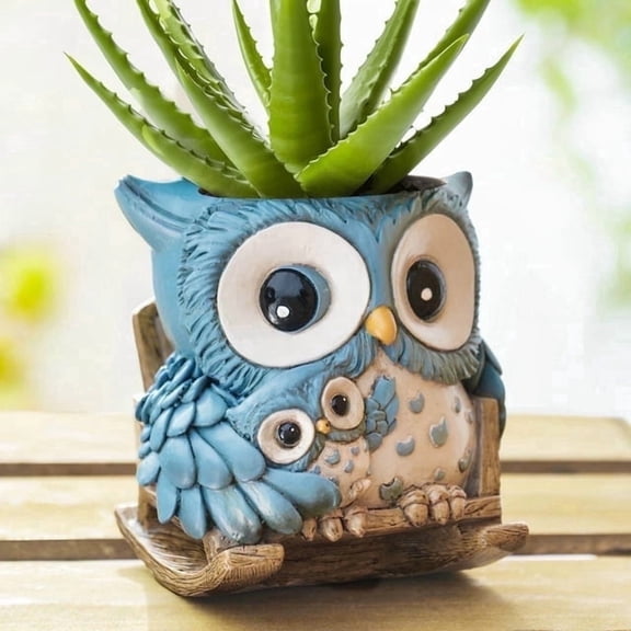 Quoowiit Resin Owl Rocking Chair Plant Pots, 4.5" with Drainage Holes for Small Succulents