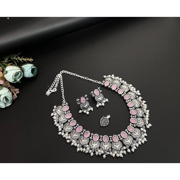 oxidised stone necklace with pearl and matching earrings and nose pin for women, color : pink