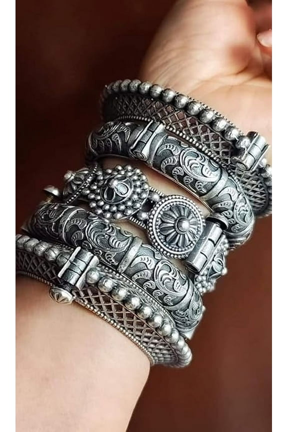 oxidized Silver replica openable bangles set of 5 pieces for women