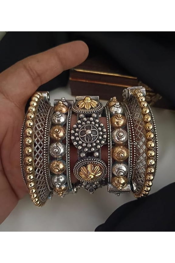 oxidized dual tone Silver replica openable bangles set of 5 pieces for women
