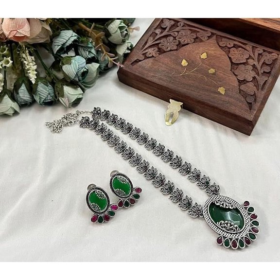 oxidized green and red color stone necklace with matching earrings for women goes with any attire