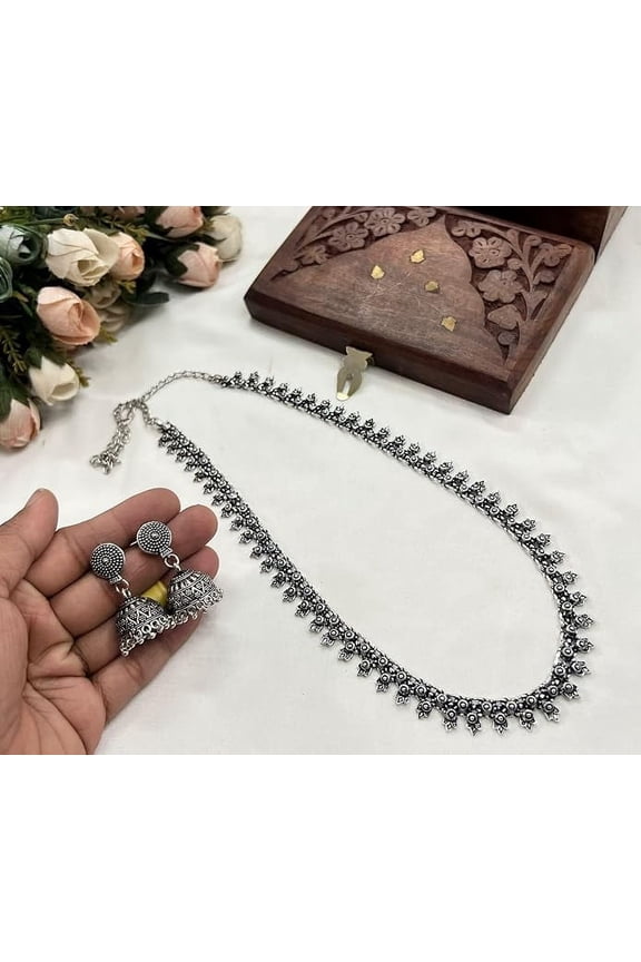 oxidized long chain necklace with matching earrings for women