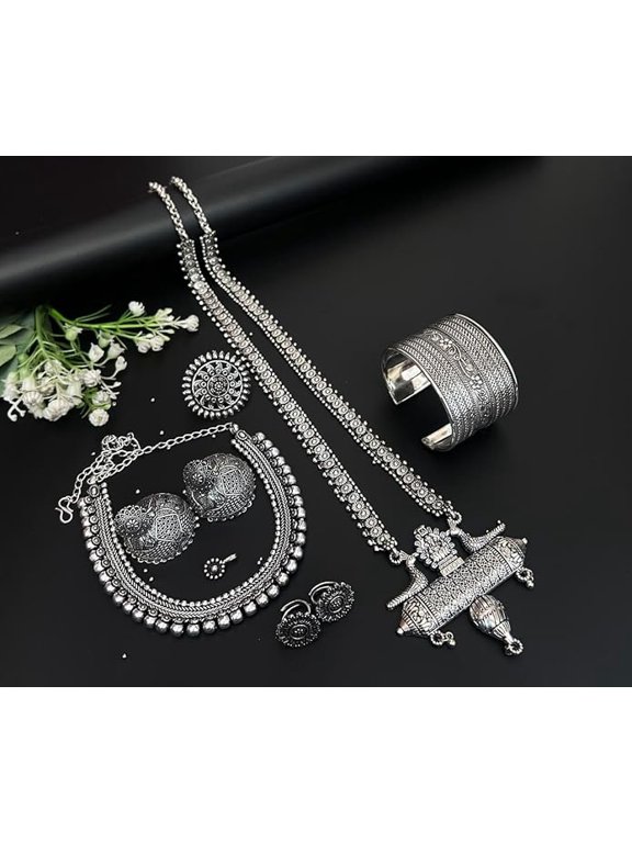 oxidized silver tone 2 necklace with matching earrings, adjustable toe ring , ring , nose pin , openable kada bracelet for women/ gift item