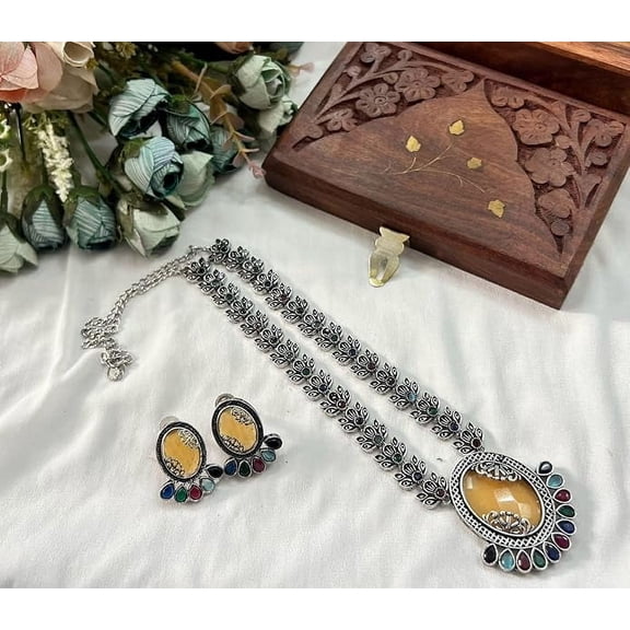 oxidized yellow color stone necklace with matching earrings for women