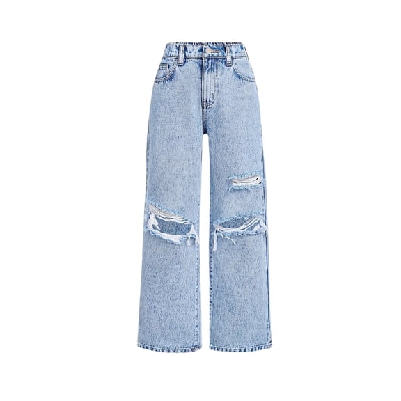 OYYN Girls High Waisted Baggy Jeans Wash Distressed Ripped Wide Leg Denim Pants for Kids Streetwear & School