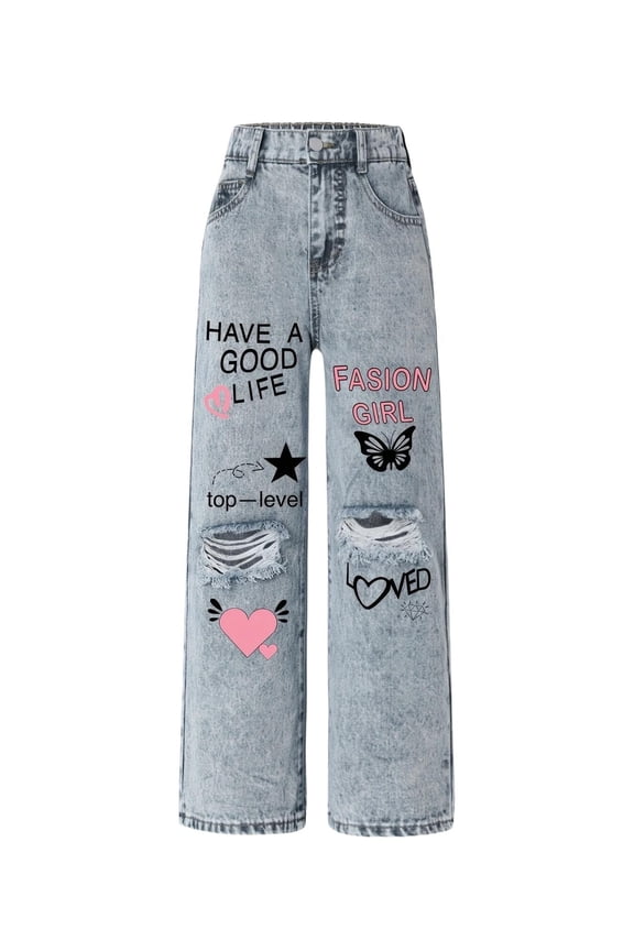 Baggy Jeans for Girls Relaxed Fit Jeans, Wide-Leg Ripped High-Elastic Waistband Cute Summer Pants Street Style