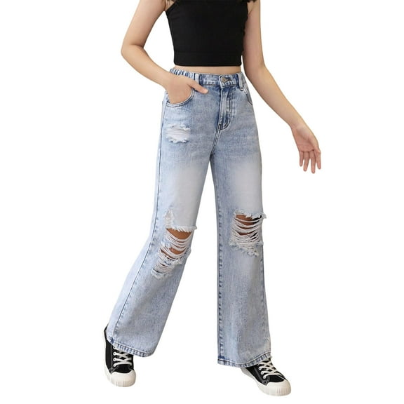 oyyn Baggy Jeans for Girls Wide Leg Ripped High Elastic Waisted Denim Pants Cute Summer Trousers Streetwear 7-14Y