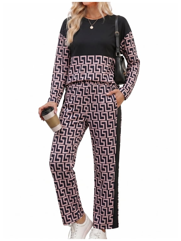 Fashion Women 2 Piece Set Outfits Casual Pullover and Pants Jogger Tracksuit Female Sweatsuit Long Sleeve Activewear Set S