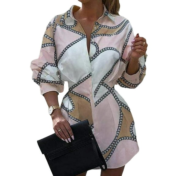 oyyn Fashion Women Short Dress Diamond Elegant Commuting Long Sleeves Lapel Midi Shirt Dress Pink S