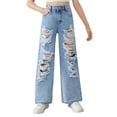 thumbnail image 1 of OYYN Girls High Waisted Baggy Jeans Wash Distressed Ripped Wide Leg Denim Pants for Kids Streetwear & School, 1 of 7
