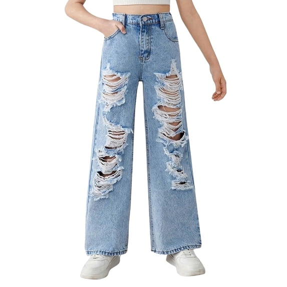 OYYN Girls High Waisted Baggy Jeans Wash Distressed Ripped Wide Leg Denim Pants for Kids Streetwear & School