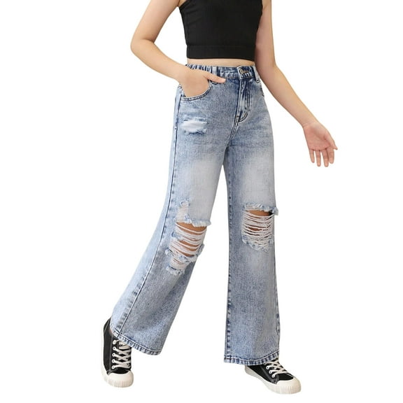 oyyn Girls Baggy Jeans Wide-Leg Jeans, Loose Elastic Waistband Jeans, Cute and Loose Boyfriend Style Pants for Children and Teenagers with Pockets Denim Pants