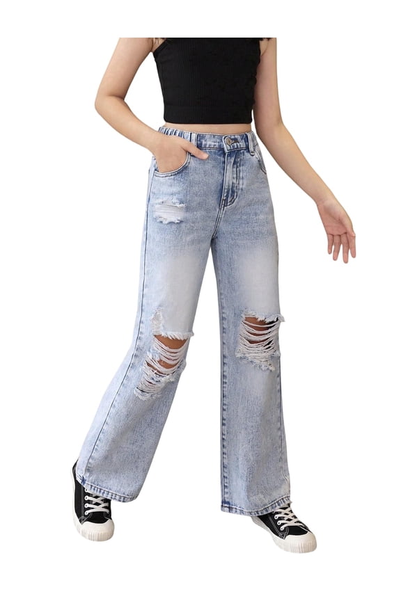 Girls High Waisted Baggy Jeans Wash Distressed Ripped Wide Leg Denim Pants for Kids Streetwear & School