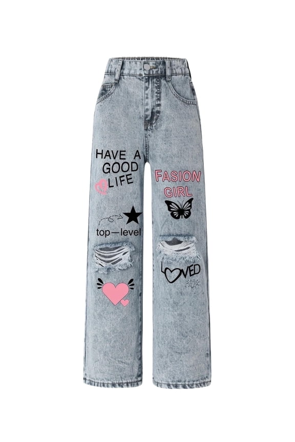 Girls' Printed Wide Leg Jeans Casual 7-14Y Y2K Style Distressed Denim Trousers Streetwear