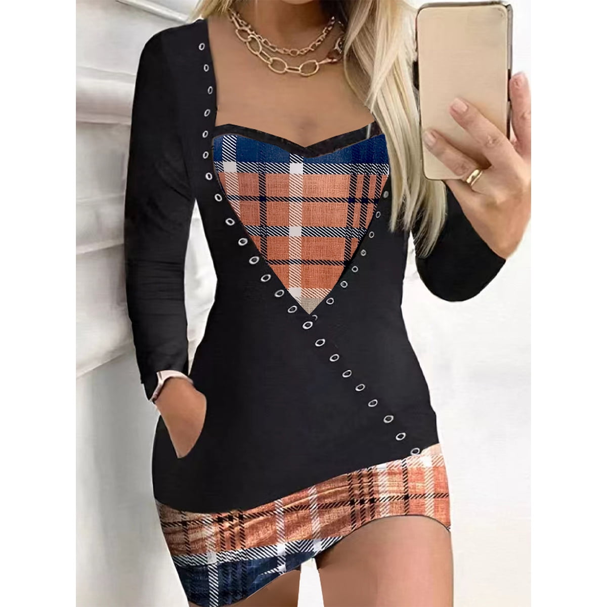 Clearance Fall Clothes for Women 2023 Fashion Casual Round-Neck Patchwork  Three Quarter Sleeves Printed Dress Women's Dresses Long-sleeve Dress for  Women 