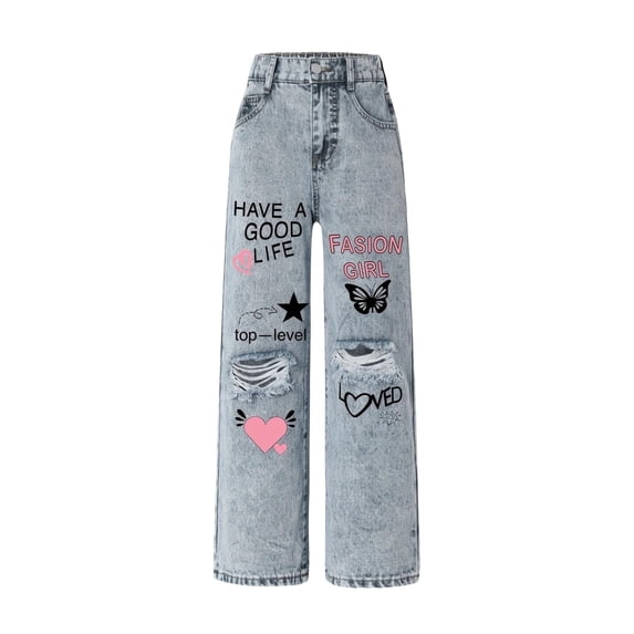 OYYN Girls' Printed Wide Leg Jeans Casual 7-14Y Y2K Style Distressed Denim Trousers Streetwear