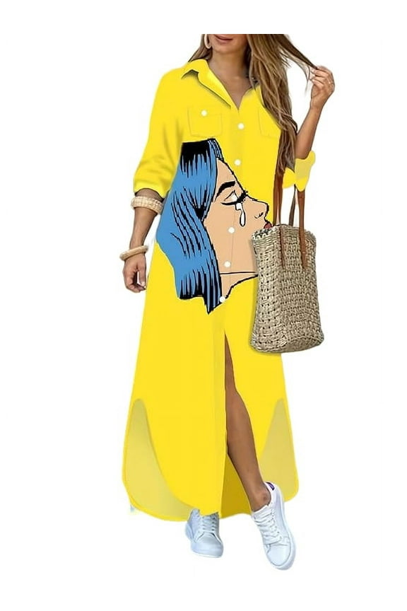 Summer Loose Long Dress for Women Long Sleeve Button Down Shirt Dress Blue Casual Ankle Length Holiday Party Dresses Robe S