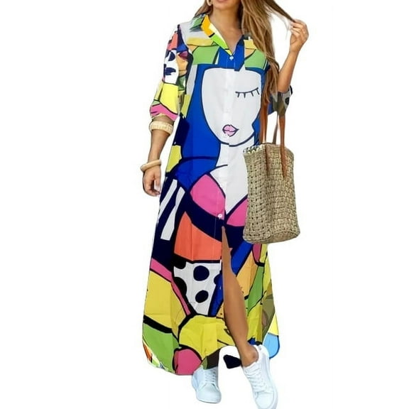 oyyn Summer Loose Long Dress for Women Long Sleeve Button Down Shirt Dress Casual Ankle Length Holiday Party Dresses Robe XXL