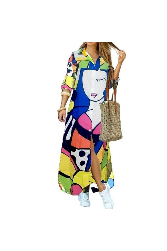 Summer Loose Long Dress for Women Long Sleeve Button Down Shirt Dress Casual Ankle Length Holiday Party Dresses Robe XXL