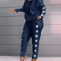 oyyn Women 2 Piece Set Fashion Outfits Pullover and Pants Jogger Tracksuit Blue Long Sleeve Activewear Set XXL