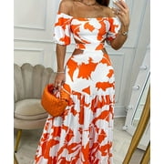 oyyn Women Elegant High Waist Floral Print Large Hem Long Party Dress Robe Female Clothes 2024 Chic Sexy Off The Shoulder Maxi Dresses L