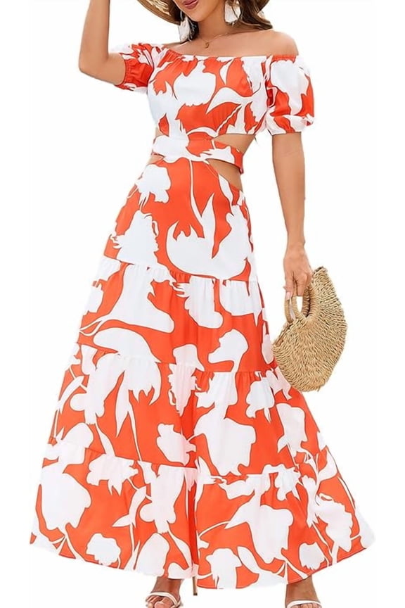 Women Elegant High Waist Floral Print Large Hem Long Party Dress Robe Female Clothes 2024 Chic Sexy Off The Shoulder Maxi Dresses XL