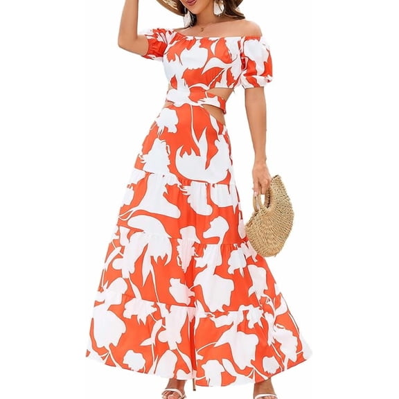 oyyn Women Elegant High Waist Floral Print Large Hem Long Party Dress Robe Female Clothes 2024 Chic Sexy Off The Shoulder Maxi Dresses XL