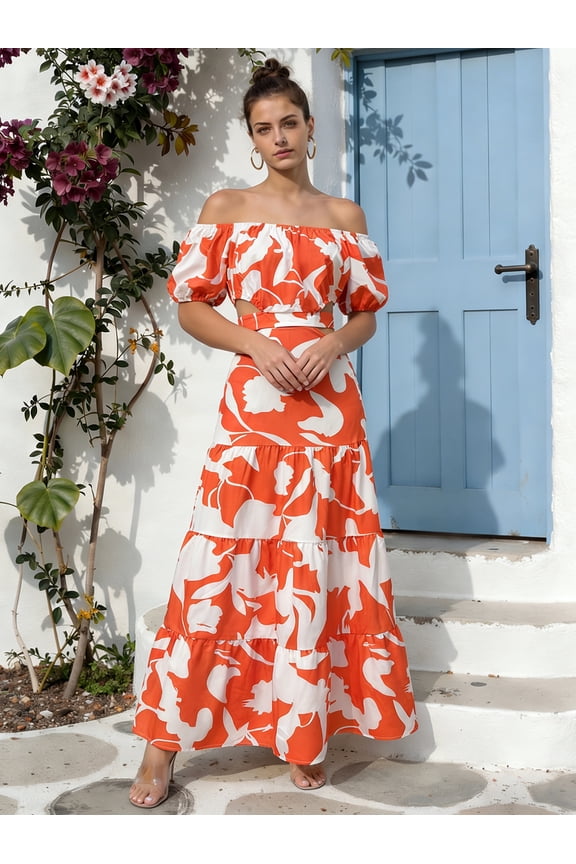 Women Elegant High Waist Floral Print Large Hem Party Long Dress Robe Female Clothes 2024 Chic Sexy Off The Shoulder Maxi Dresses M