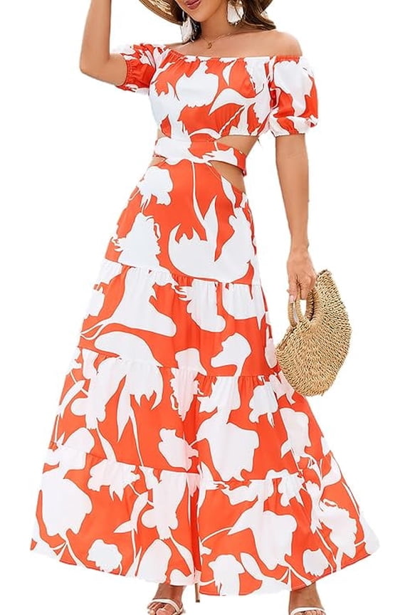 Women Elegant High Waist Floral Print Large Hem Party Long Dress Robe Female Clothes 2024 Chic Sexy Off The Shoulder Maxi Dresses M