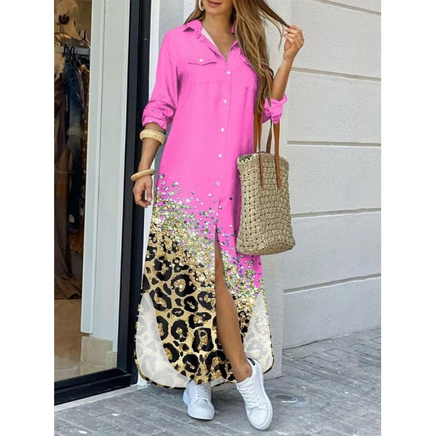 oyyn Women Fashion Leopard Print Long Dress Elegant Long Sleeve - Main Image